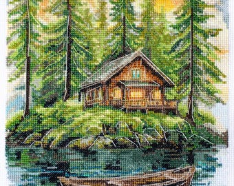 Forest Cabin Cross Stitch Kit, Rustic Lake House Landscape, DIY