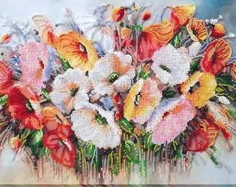 Bead Embroidery Kit on Art Canvas – Delicate Flowers Poppy DIY Beaded Wall Art