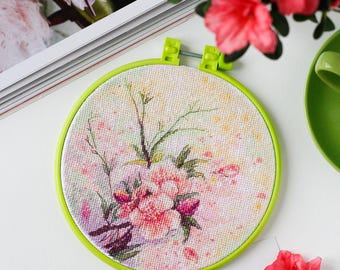 Counted Cross Stitch Kit Tender Spring Pink Blossom Design DIY Hooped Embroidery
