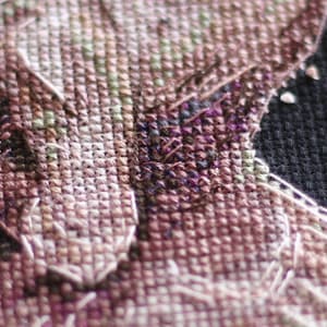 Pu&ograve; includere: Primo piano di un ricamo a punto croce. Il lavoro presenta un design dettagliato con sfumature di viola, marrone e verde su sfondo nero. Le cuciture sono visibili, mostrando la consistenza e l'artigianalit&agrave; del pezzo.