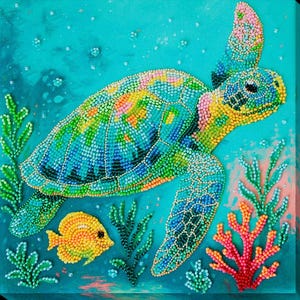 May include: A beaded artwork showing a sea turtle underwater. The turtle is mainly teal with yellow, pink, and green accents. A yellow fish, green seaweed, and coral are also present against a turquoise background.