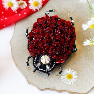 May include: A handcrafted brooch in the shape of a ladybug. The ladybug's body is made of red, faceted beads, and its head and legs are black with silver and gold accents. A large, iridescent gem is centered on the head.