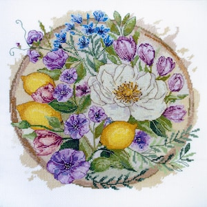 DIY Kreuzstich Kit Floral Moment Blumen und Zitronen Nadelstickerei Set Bastelpackung Kreuzstich Muster Handgemachtes Geschenk Kunst Set