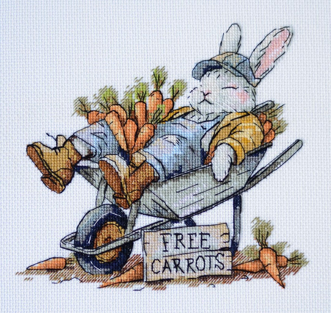 Counted Cross Stitch Kit Free Carrots Rabbit in Wheelbarrow Design DIY ...