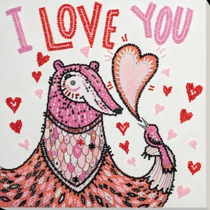 DIY Bead Embroidery Kit Enamoured I Love You Animals Needlepoint Craft Set Beading Kit for Embroidery Stitching with Beads Beadwork Art Set