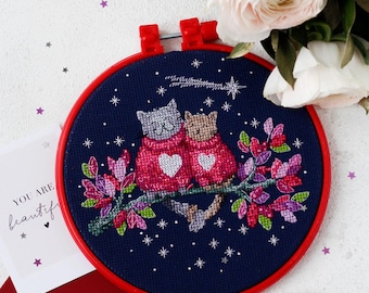 Counted Cross Stitch Kit Date under the Stars Cats Tails Design DIY Hooped Embroidery