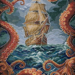 May include: Cross-stitch artwork depicting a tall ship sailing through stormy seas, surrounded by large, orange octopus tentacles. The ocean is a mix of blues and greens, with a cloudy sky above. The ship's sails are a light brown color.