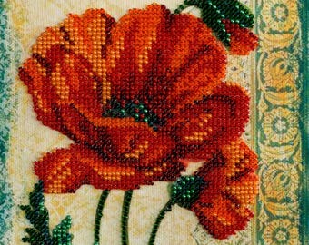 Bead Embroidery Kit on Art Canvas - Red Velvet Poppy Flower DIY Beaded Art