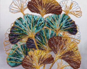 Bead Embroidery Kit on Art Canvas – Emerald Ginkgo Branch DIY Beaded Wall Art