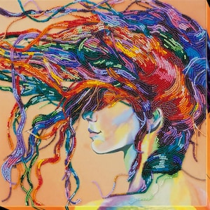 DIY Bead Embroidery Kit Playful Wind Girl Hair Beaded Needlepoint Craft Set Beading Kit for Embroidery Stitching with Beads Beadwork Art Set
