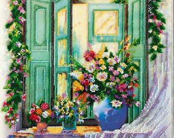Bead Embroidery Kit on Art Canvas – Summer Sketch Window with Flowers DIY Beaded Wall Art