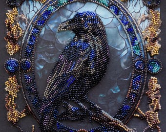DIY Bead Embroidery Kit Night Raven Needlepoint Craft Set Beading Kit for Embroidery Stitching with Beads Beadwork Art Set