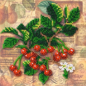 May include: A close-up of a beaded cherry branch with red cherries, green leaves, and a white flower. The background is a vintage-style patterned paper.