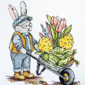 DIY Cross Stitch Kit Harvest Day Rabbit with Wheelbarrow Needlepoint Embroidery Set Craft Kit Counted Cross-Stitch Pattern Handmade Gift