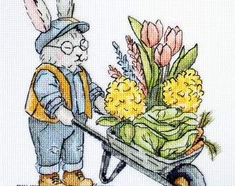 Counted Cross Stitch Kit Harvest Day Rabbit with Wheelbarrow Design DIY Embroidery