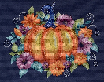 Counted Cross Stitch Kit Autumn Colors Pumpkin in Flowers Design DIY Embroidery