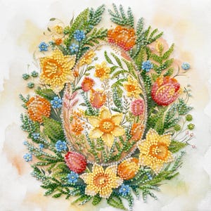 May include: An embroidered egg-shaped design featuring a variety of flowers in shades of yellow, orange, pink, and blue. The flowers are surrounded by green leaves and a beaded border, set against a soft, off-white background.