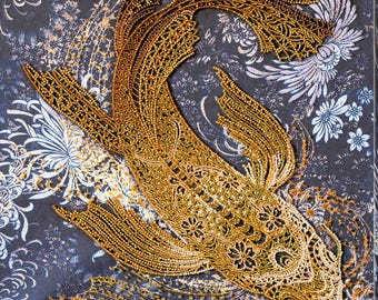 Perlenstickerei Kit auf Leinwand – Geld Fisch in Gold DIY Perlenstickerei Wandkunst