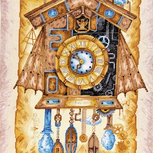 May include: A steampunk-style cuckoo clock with a gold and black face, intricate gears, and a brown wooden frame. The clock has a blue and brown pendulum with a cloud-shaped weight. The clock face reads "cuckoo-clock".