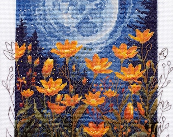クロスステッチキット 夜のコントラストの花と満月のデザイン DIY 刺繍