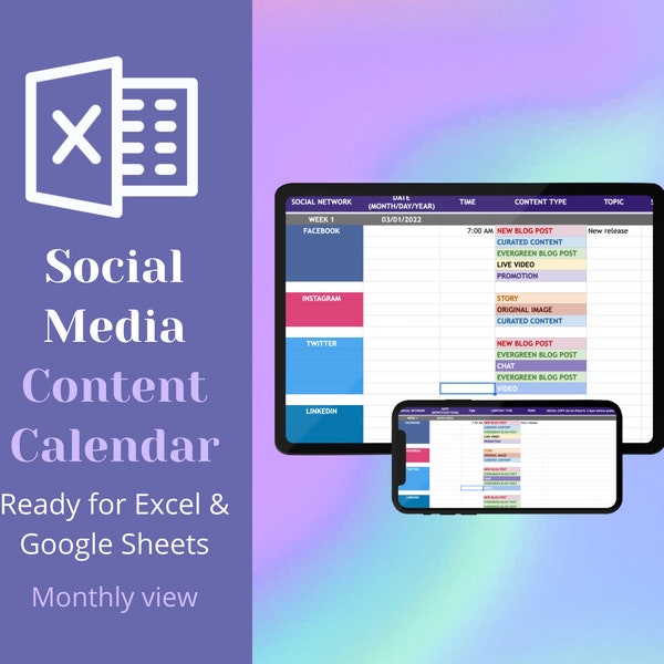 Digital Download | Social Media Content Calendar | XLS or Google Sheets | 2022 & more | 365 Day Marketing Planner | instagram, twitter, etc.