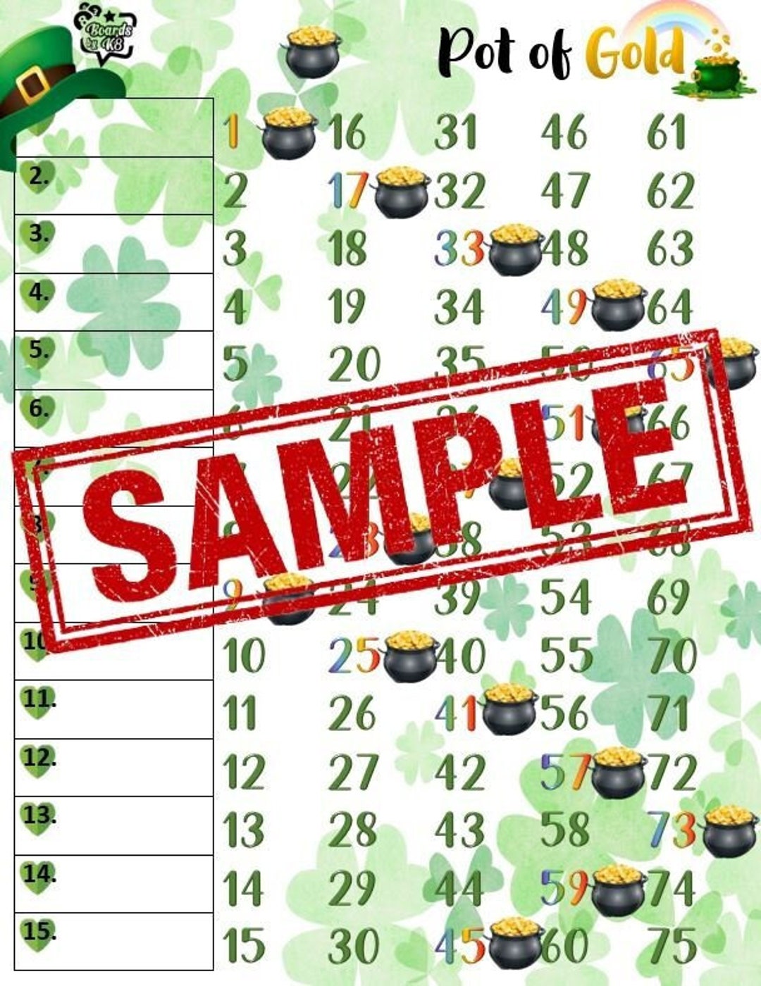 Pot of Gold Bingo Board Etsy