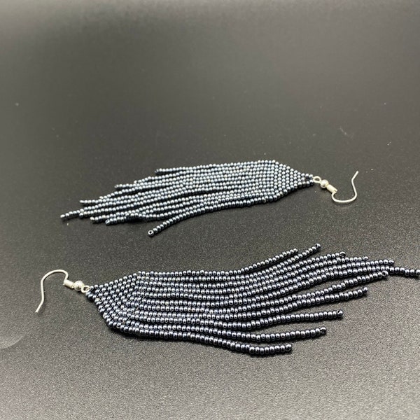 Finge beaded Gun metal black dangle earrings/ monochrome