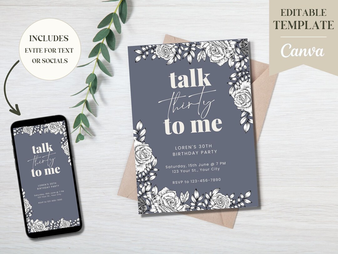 Talk Thirty to Me Birthday Invitation Template, Floral Invite, Custom, Editable Printable Invite ...
