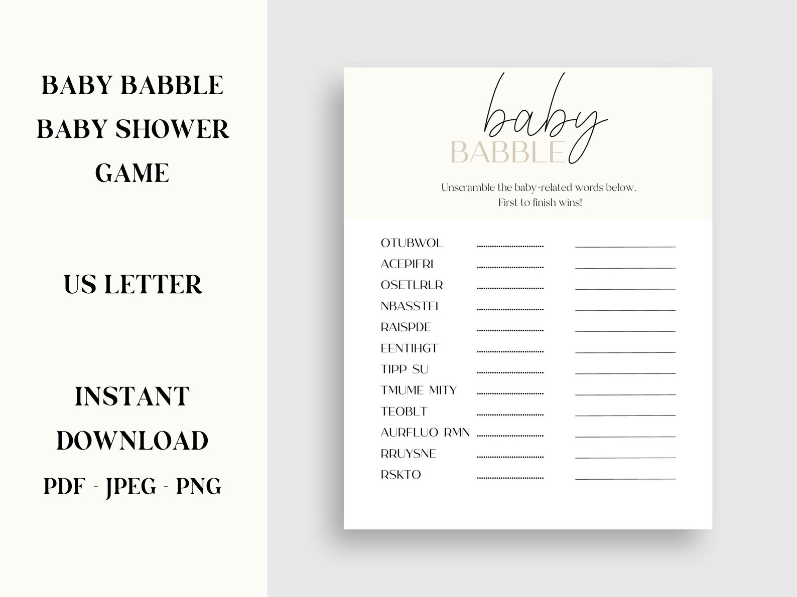Fun Baby Shower Game Printable PDF, Baby Babble Minimalist Modern Baby ...