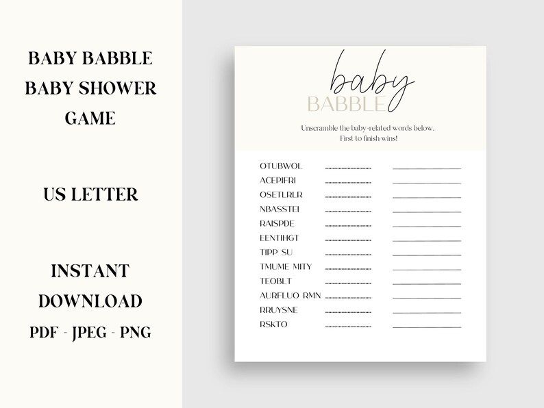 Fun Baby Shower Game Printable PDF, Baby Babble Minimalist Modern Baby ...