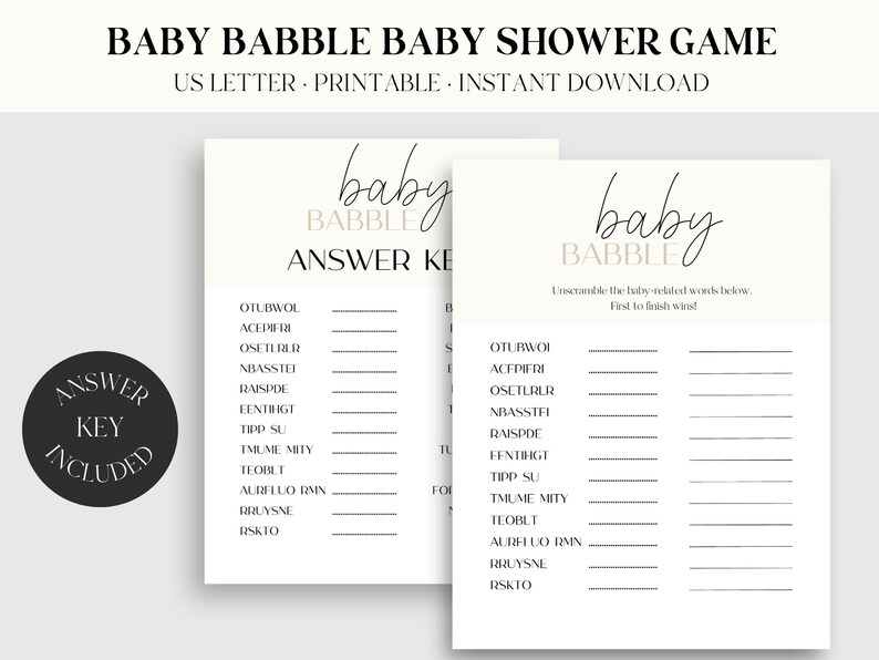Fun Baby Shower Game Printable PDF, Baby Babble Minimalist Modern Baby