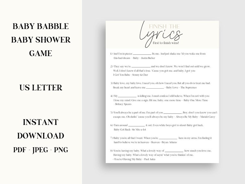 Fun Baby Shower Game Printable PDF, Finish the Lyrics Minimalist Modern