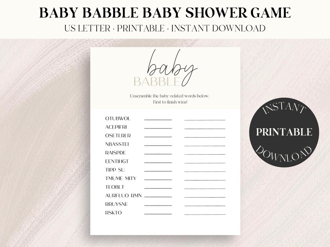 Fun Baby Shower Game Printable PDF, Baby Babble Minimalist Modern Baby ...