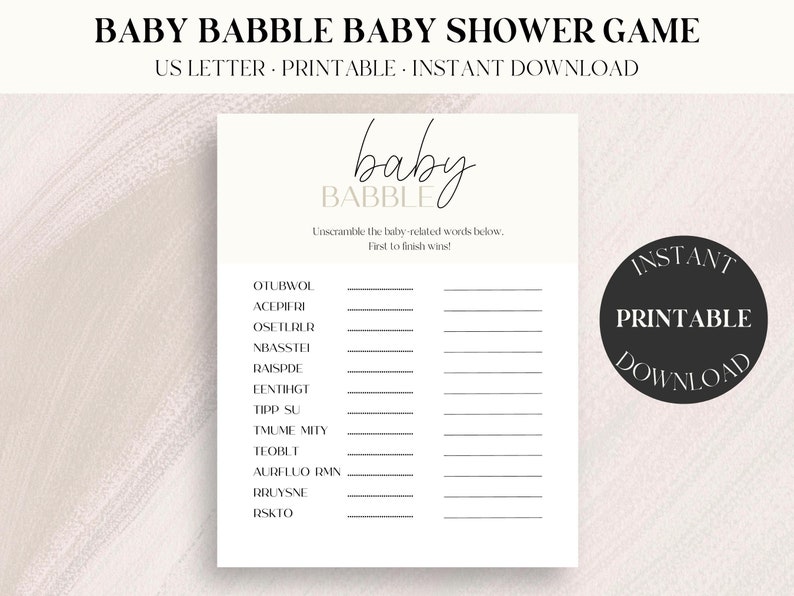 Fun Baby Shower Game Printable PDF, Baby Babble Minimalist Modern Baby ...