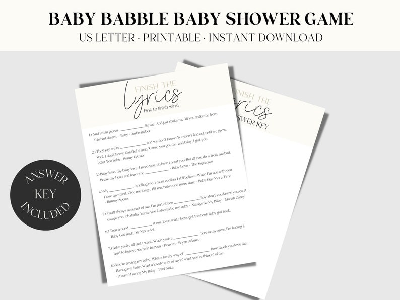 Fun Baby Shower Game Printable PDF, Finish the Lyrics Minimalist Modern