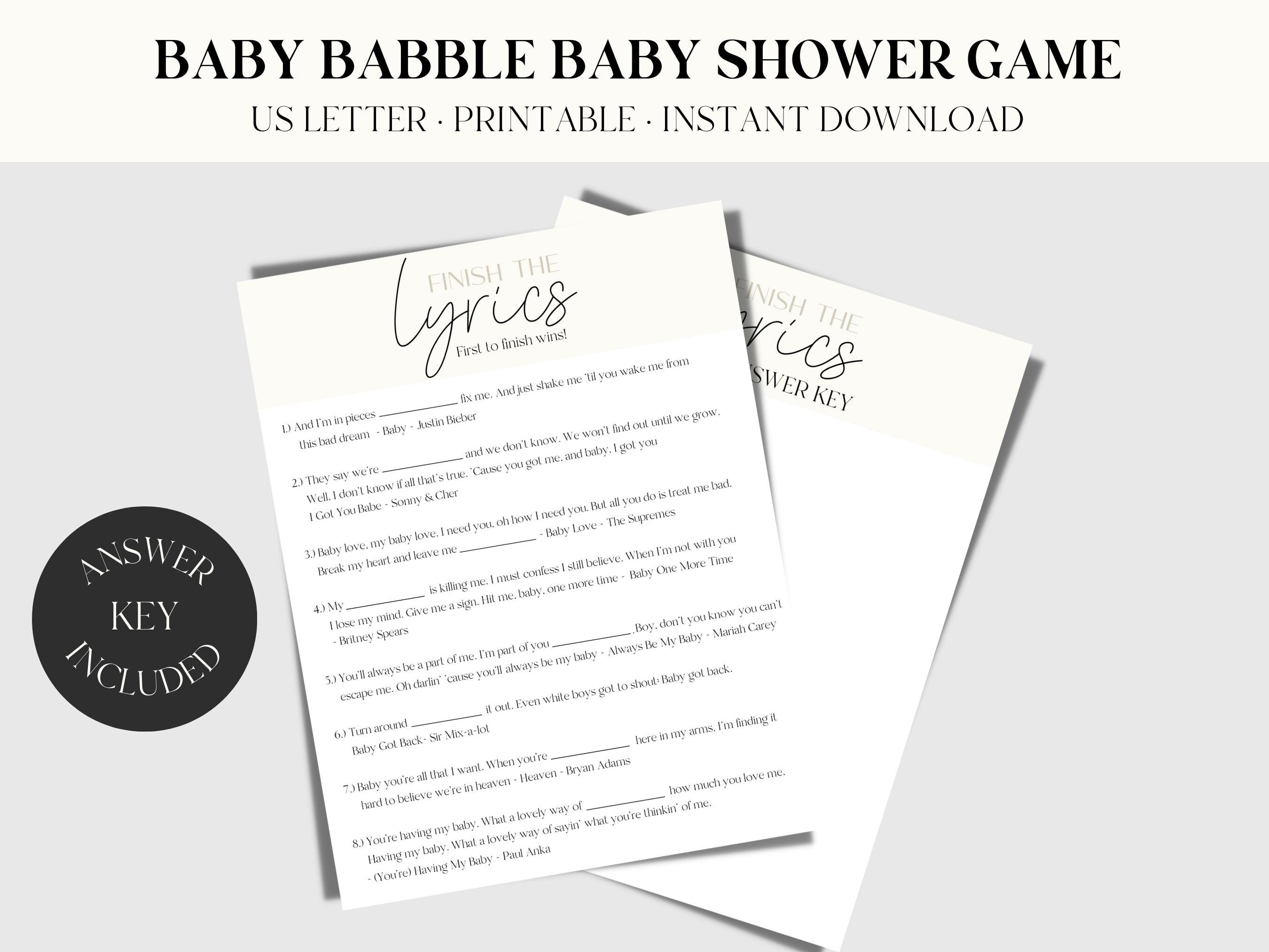 Fun Baby Shower Game Printable PDF, Finish the Lyrics Minimalist Modern Baby Shower Game Digital ...