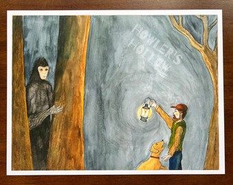 Howler'sHollow- "By Lantern's Light" 9x12" High Quality Sasquatch Watercolor Print