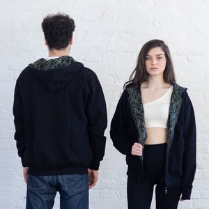Pure Silk Brocade Black Zip Hoodie - Forest - Limited Edition (10 Pieces)