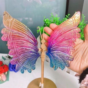 Rainbow Aura Quartz Butterfly Wings on Stand, Galactic Crystal Fairy Wings, Gemstone Wings Quartz, Birthday Gift for Her, Memory Room Decor