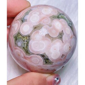 Rare Pastel Pink 8th Vein Ocean Jasper Sphere, Jewelrylous Baby Pink Ocean Jasper Sphere with Green Druzy Quartz, White Orbicular Jasp Orbs