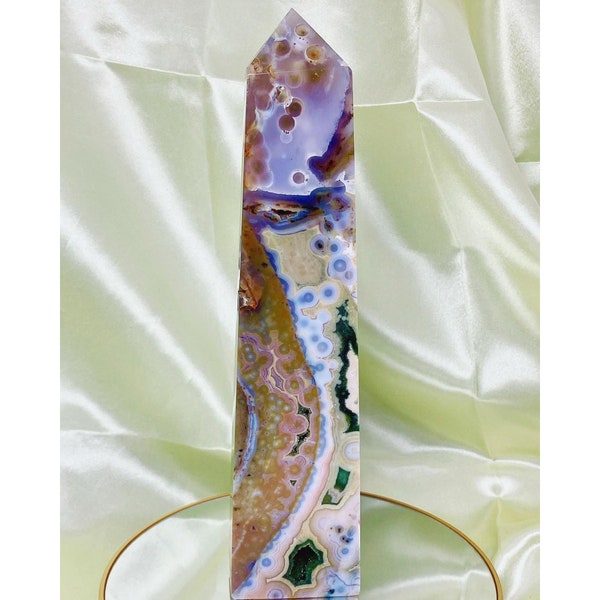 10" Extra Grade 8th Vein Ocean Jasper Tower, Jewelrylous Druzy Green Orbicular Jasper Cabochon Obelisk, Blue Fish Eye Oceanic Point with Orb