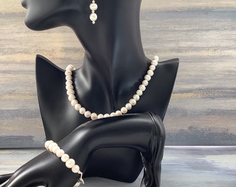 Ensemble de perles d'eau douce | Ensemble de bijoux pour femmes en perles d'eau douce (collier, bracelet et boucles d'oreilles) | Ensemble de bijoux | Cadeau pour elle