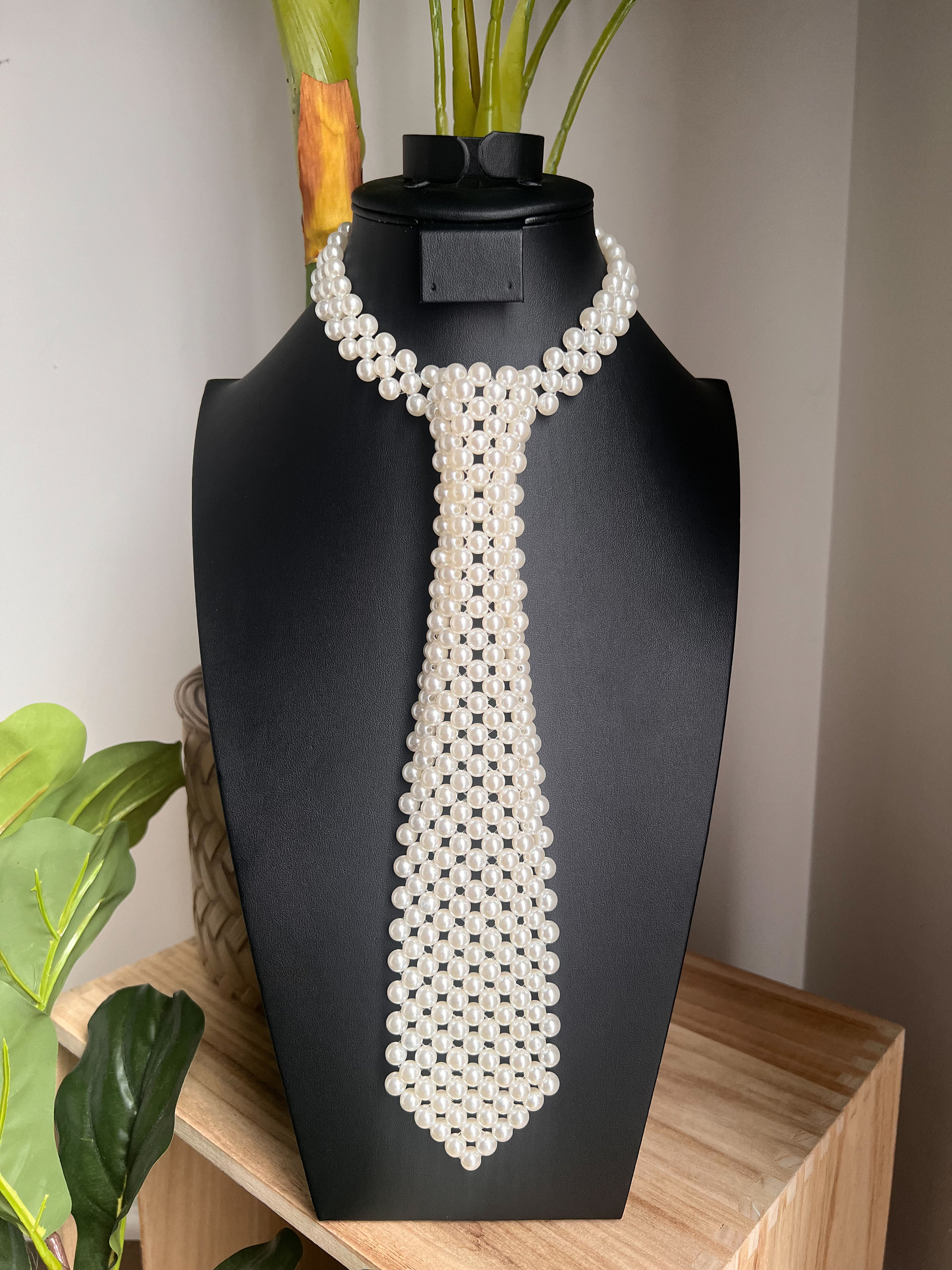 Handmade Pearl-Embellished Burgundy Satin Tie Necklace Burgundy Pearl Drop Pendant Necklace - Dark Red Wedding  main image 3