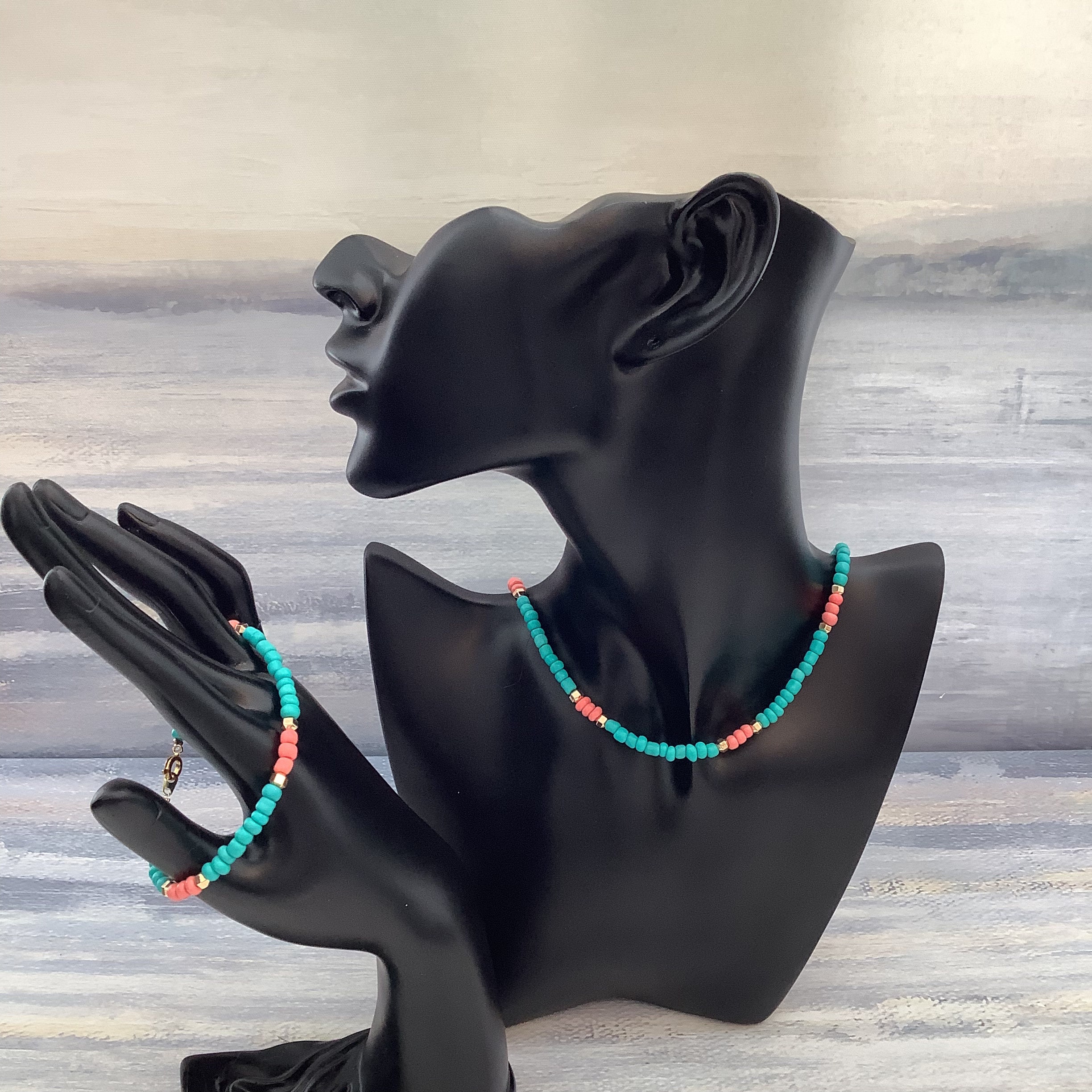 Ensemble Bijou Turquoise & Corail : Boucles D'oreilles Et Collier - Longueur 22 Cm - Occasion