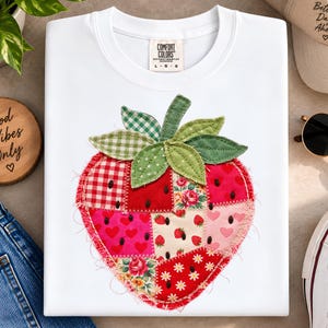 Jordgubbslappskjorta, söt frukthjärtat-t-shirt, färgglad quiltad topp med grafisk design, jordgubbsälskare-t-shirt, rolig sommargåva