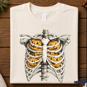 Halloween-skelettpumpa-tröja, söt spökskalle-grafik-tröja, läskig revbensbur-Halloween-tröja, höstpumpa-tröja, Thanksgiving-tröja