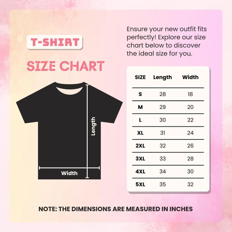 K&ouml;nnte beinhalten: Schwarze T-Shirt-Gr&ouml;&szlig;entabelle mit Ma&szlig;en in Zoll. Die Tabelle umfasst die Gr&ouml;&szlig;en S bis 5XL mit den entsprechenden L&auml;ngen und Breiten. Der Text auf dem Bild lautet "T-SHIRT SIZE CHART" und "NOTE: THE DIMENSIONS ARE MEASURED IN INCHES."