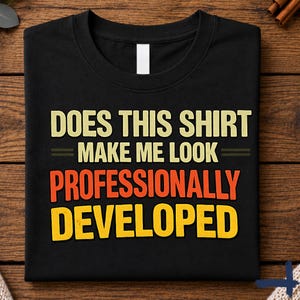 Könnte beinhalten: Ein schwarzes Kurzarm-T-Shirt mit dem Text "DOES THIS SHIRT MAKE ME LOOK PROFESSIONALLY DEVELOPED" in gestapeltem Layout. Die Wörter sind in hellgelben, orangen und gelben Blockbuchstaben auf der Vorderseite des T-Shirts aufgedruckt.
