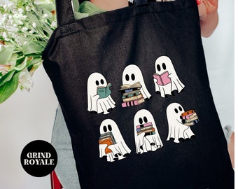 Borsa tote in tela con simpatici fantasmi della lettura, borsa tote horror, borsa tote spettrale di Halloween, borsa tote per la scuola, amante dell'horror, fantasma del futuro, fantasma retrò