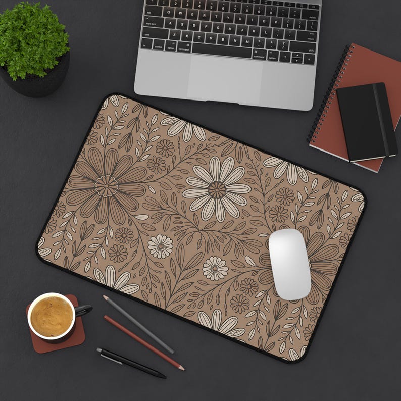 Boho Floral Taupe Large Desk Mat, Boho Desk Mat, Gamer Desk Mat, Gaming Desk Mat, Large Desk Mat, Desk Accessories, Floral Desk Mat image 6